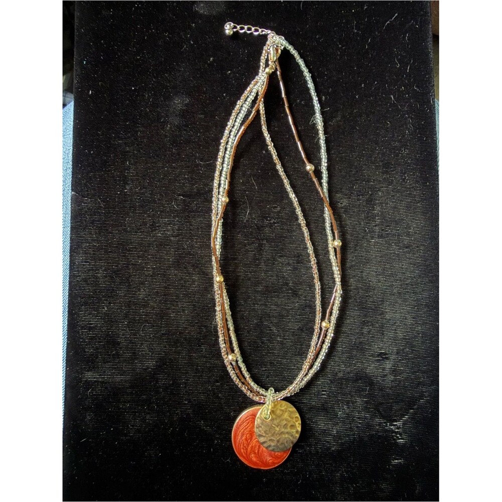Multi Strand Beaded Necklace Orange Enamel Hammered Disc Pendant Y2K Boho